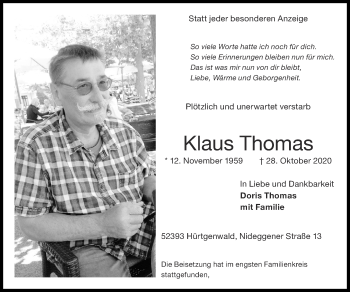 Traueranzeige von Klaus Thomas von Zeitung am Sonntag