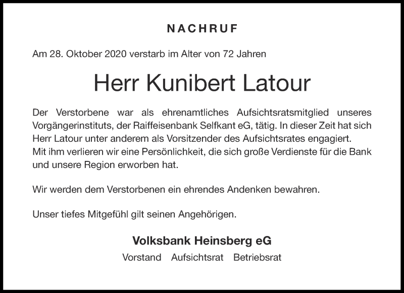  Traueranzeige für Kunibert Latour vom 07.11.2020 aus Aachener Zeitung / Aachener Nachrichten
