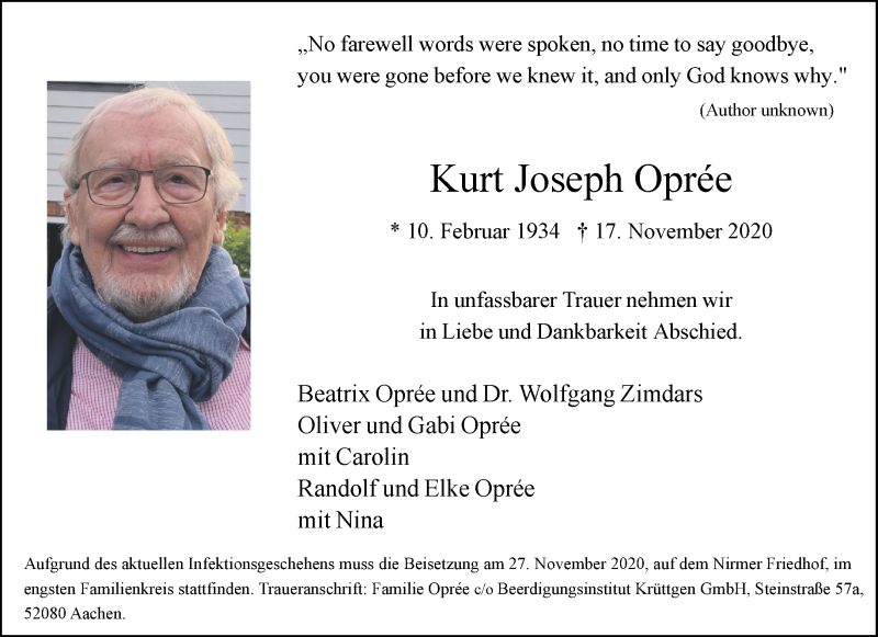  Traueranzeige für Kurt Joseph Opree vom 24.11.2020 aus Aachener Zeitung / Aachener Nachrichten