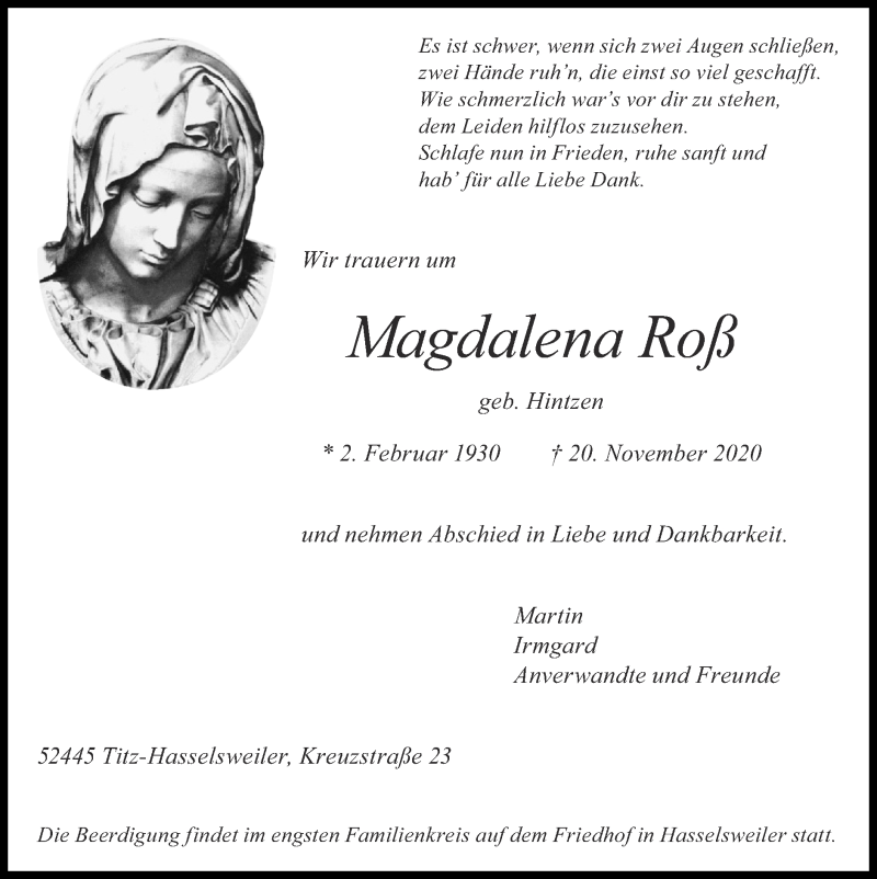  Traueranzeige für Magdaelna Roß vom 29.11.2020 aus Zeitung am Sonntag