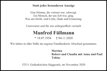 Traueranzeige von Manfred Füllmann von Zeitung am Sonntag