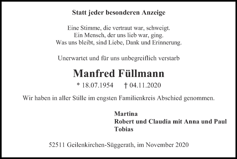  Traueranzeige für Manfred Füllmann vom 15.11.2020 aus Zeitung am Sonntag