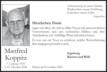 Traueranzeige von Manfred Koppitz von Zeitung am Sonntag