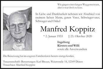 Traueranzeige von Manfred Koppitz von Zeitung am Sonntag