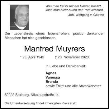 Traueranzeige von Manfred Muyrers von Zeitung am Sonntag