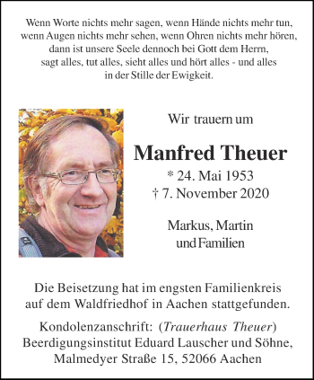 Traueranzeige von Manfred Theuer von Aachener Zeitung / Aachener Nachrichten