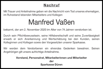 Traueranzeige von Manfred Vaßen von Zeitung am Sonntag