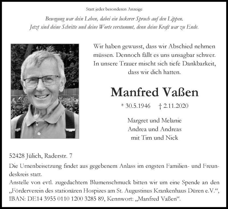  Traueranzeige für Manfred Vaßen vom 08.11.2020 aus Zeitung am Sonntag