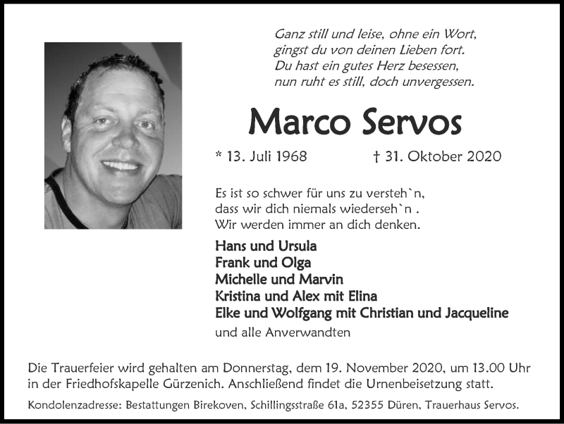  Traueranzeige für Marco Servos vom 15.11.2020 aus Zeitung am Sonntag