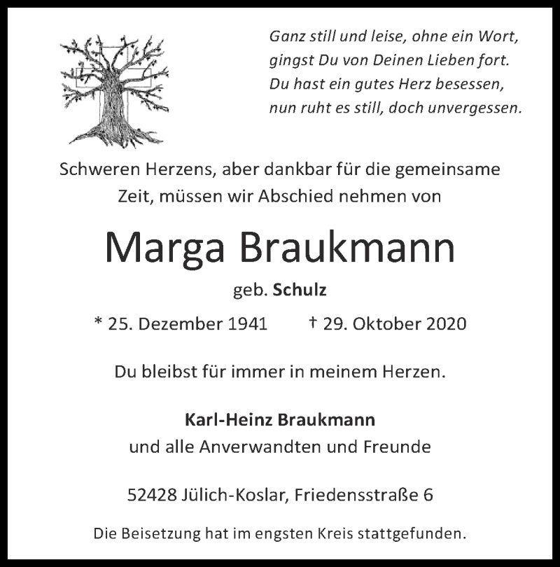  Traueranzeige für Marga Braukmann vom 08.11.2020 aus Zeitung am Sonntag