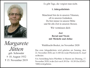 Traueranzeige von Margarete Jütten von Zeitung am Sonntag