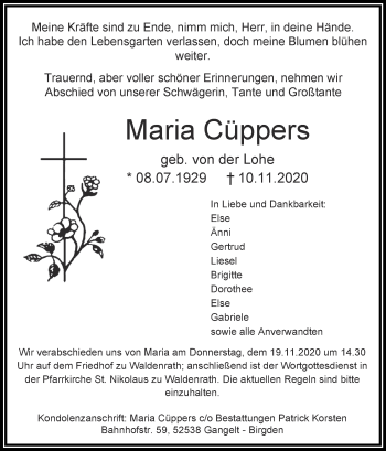 Traueranzeige von Maria Cüppers von Zeitung am Sonntag