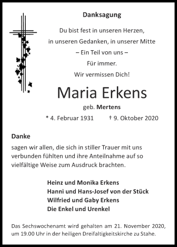 Traueranzeige von Maria Erkens von Zeitung am Sonntag