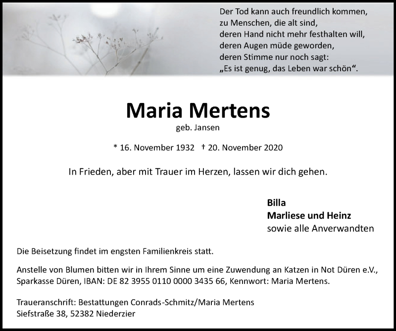  Traueranzeige für Maria Mertens vom 29.11.2020 aus Zeitung am Sonntag