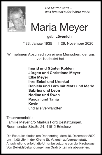 Traueranzeige von Maria Meyer von Zeitung am Sonntag