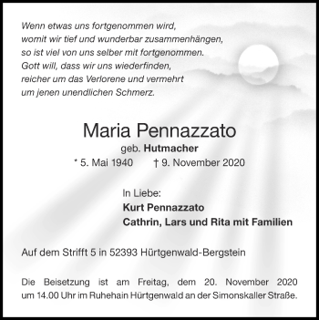 Traueranzeige von Maria Pennazzato von Zeitung am Sonntag