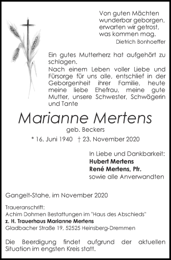 Traueranzeige von Marianne Mertens von Zeitung am Sonntag