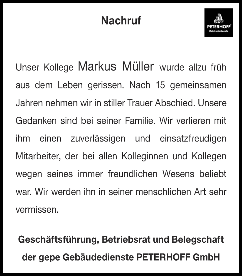  Traueranzeige für Markus Müller vom 08.11.2020 aus Zeitung am Sonntag