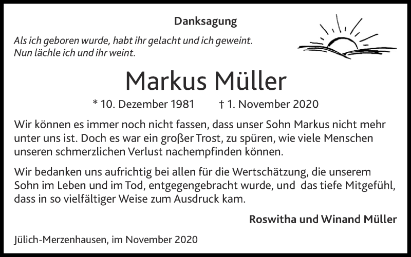  Traueranzeige für Markus Müller vom 22.11.2020 aus Zeitung am Sonntag