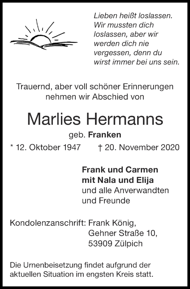  Traueranzeige für Marlies Hermanns vom 29.11.2020 aus Zeitung am Sonntag