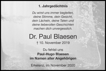 Traueranzeige von Paul Blaesen von Zeitung am Sonntag