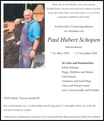 Traueranzeige von Paul Hubert Schopen von Zeitung am Sonntag