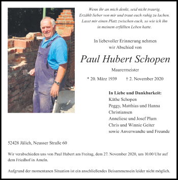 Traueranzeige von Paul Hubert Schopen von Aachener Zeitung / Aachener Nachrichten