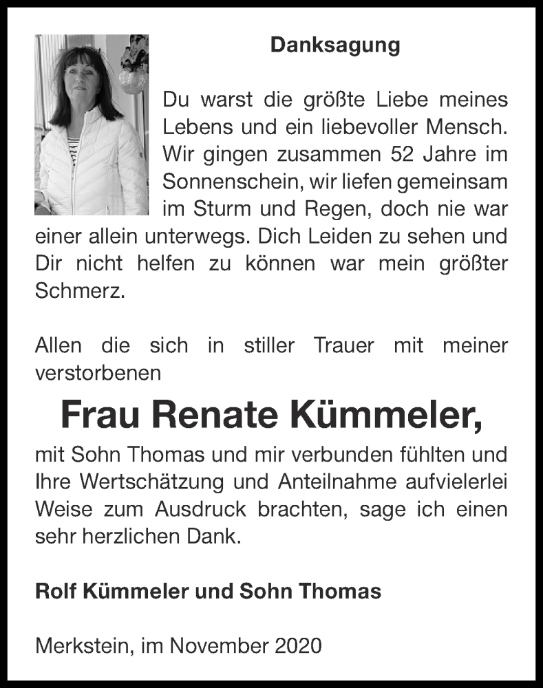  Traueranzeige für Renate Kümmeler vom 15.11.2020 aus Zeitung am Sonntag