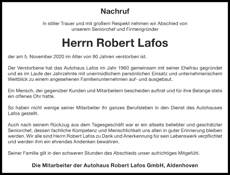  Traueranzeige für Robert Lafos vom 14.11.2020 aus Aachener Zeitung / Aachener Nachrichten