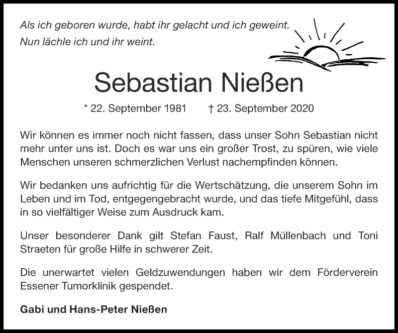  Traueranzeige für Sebastian Nießen vom 15.11.2020 aus Zeitung am Sonntag