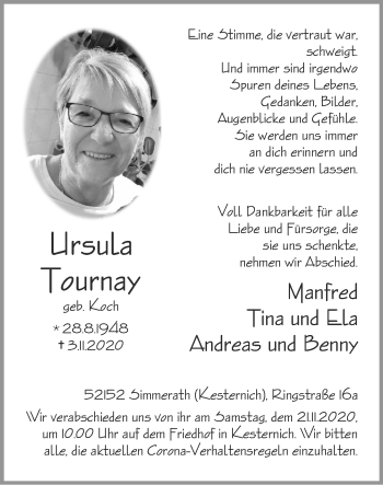 Traueranzeige von Ursula Tournay von Zeitung am Sonntag