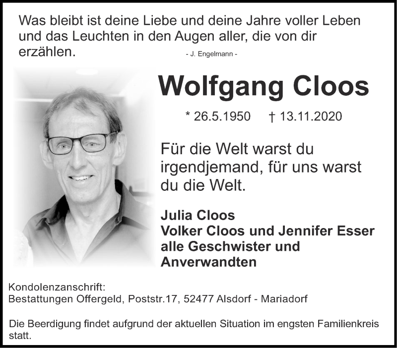  Traueranzeige für Wolfgang Cloos vom 22.11.2020 aus Zeitung am Sonntag