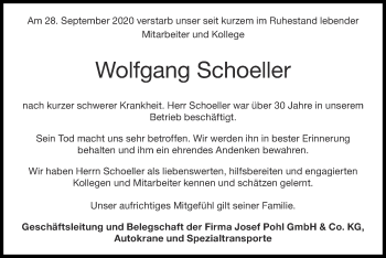 Traueranzeige von Wolfgang Schoeller von Zeitung am Sonntag