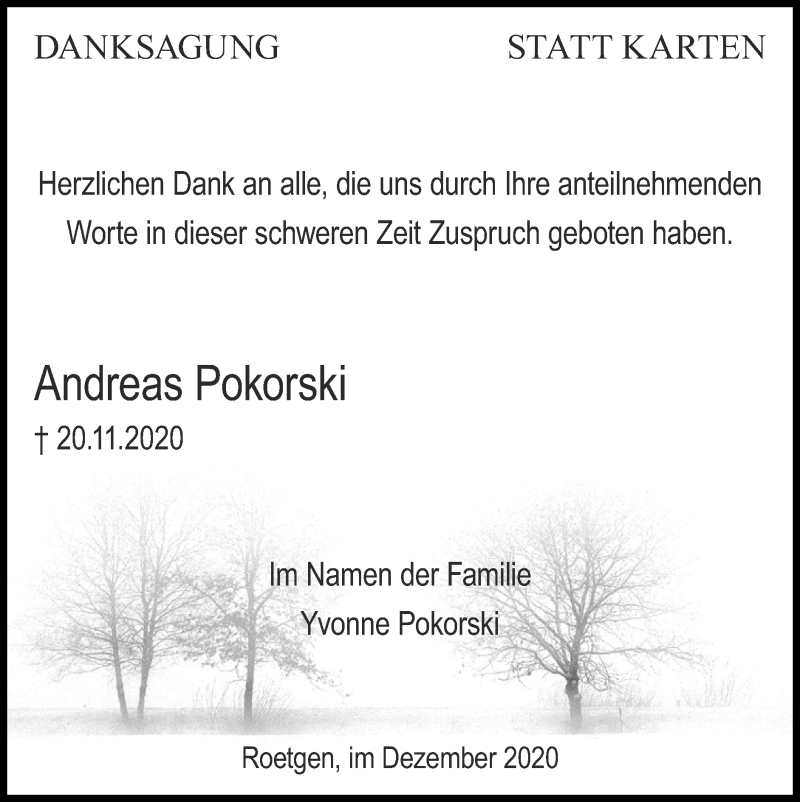  Traueranzeige für Andreas Pokorski vom 20.12.2020 aus Zeitung am Sonntag
