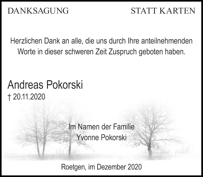  Traueranzeige für Andreas Pokorski vom 19.12.2020 aus Aachener Zeitung / Aachener Nachrichten