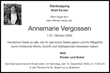 Traueranzeige von Annemarie Vergossen von Zeitung am Sonntag