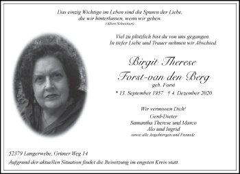 Traueranzeige von Birgit Therese Forst-van den Berg von Aachener Zeitung / Aachener Nachrichten