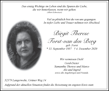 Traueranzeige von Birgit Therese Forst-van den Berg von Zeitung am Sonntag