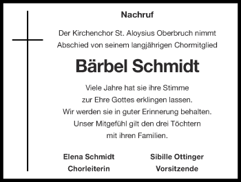 Traueranzeige von Bärbel Schmidt von Zeitung am Sonntag