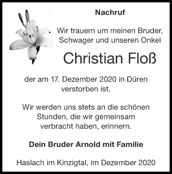 Traueranzeige von Christian Floß von Zeitung am Sonntag