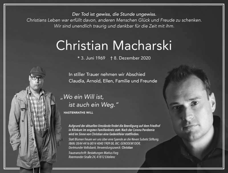  Traueranzeige für Christian Macharski vom 12.12.2020 aus Aachener Zeitung / Aachener Nachrichten