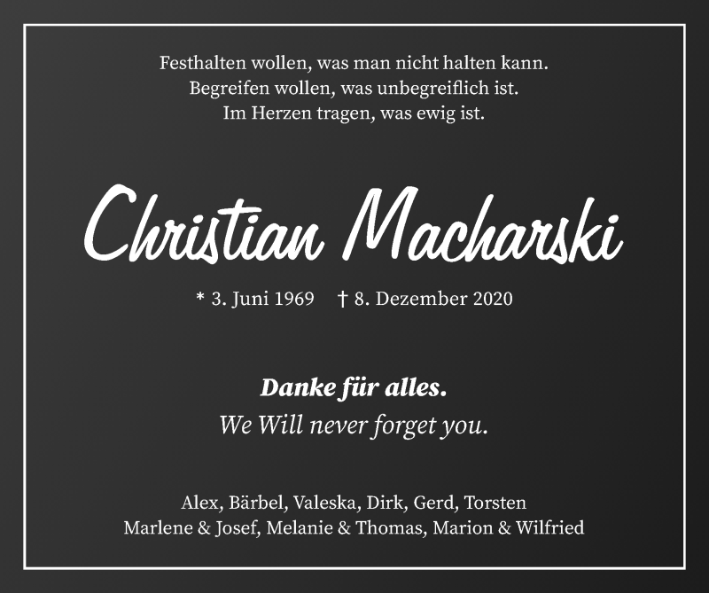  Traueranzeige für Christian Macharski vom 20.12.2020 aus Zeitung am Sonntag