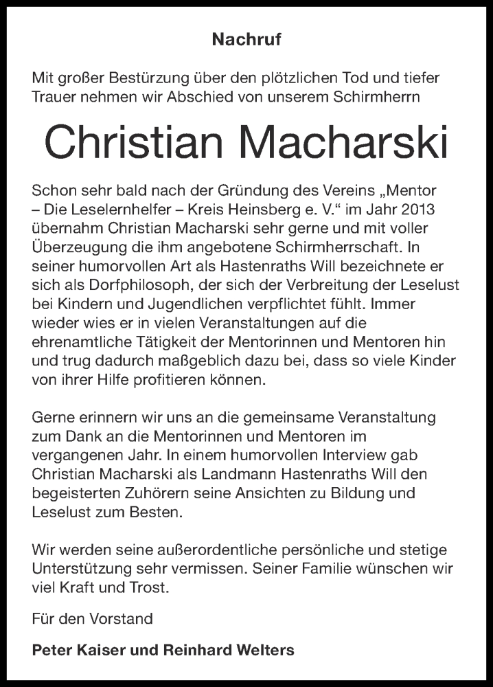  Traueranzeige für Christian Macharski vom 13.12.2020 aus Zeitung am Sonntag