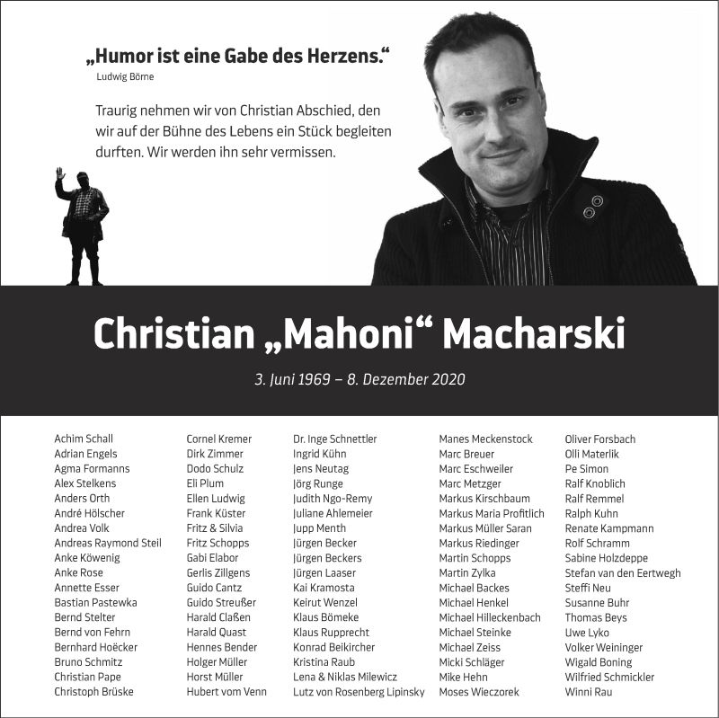  Traueranzeige für Christian Macharski vom 20.12.2020 aus Zeitung am Sonntag
