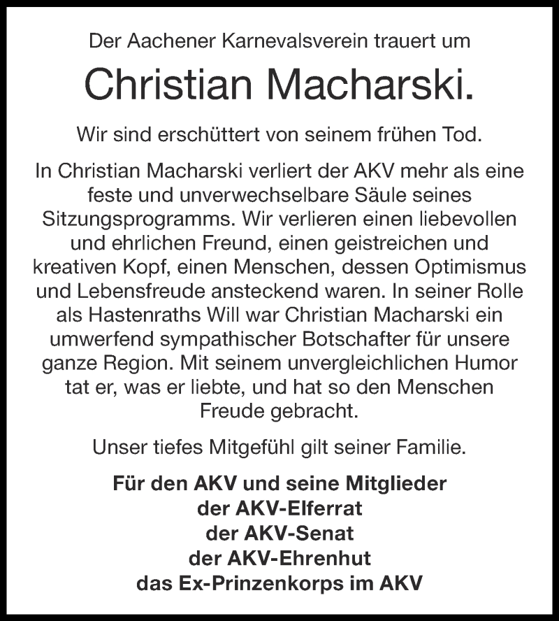  Traueranzeige für Christian Macharski vom 12.12.2020 aus Aachener Zeitung / Aachener Nachrichten