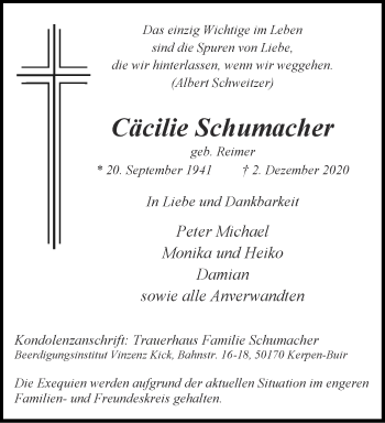 Traueranzeige von Cäcilie Schumacher von Aachener Zeitung / Aachener Nachrichten