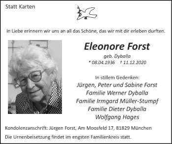 Traueranzeige von Eleonore Forst von Zeitung am Sonntag