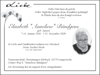 Traueranzeige von Elisabeth Bündgens von Zeitung am Sonntag