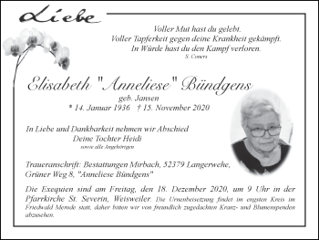 Traueranzeige von Elisabeth Bündgens von Zeitung am Sonntag