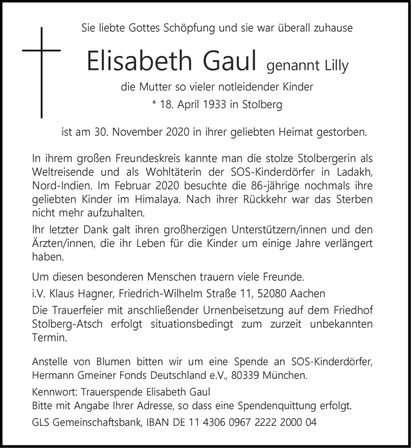  Traueranzeige für Elisabeth Gaul vom 19.12.2020 aus Aachener Zeitung / Aachener Nachrichten